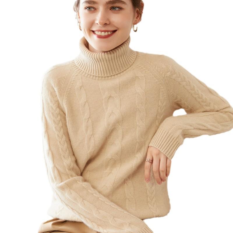 Women's Double-Strand Thick Cable Knit Cashmere Sweater - Long-Sleeved, Mid-Length, Autumn/Winter High-End Base Shirt