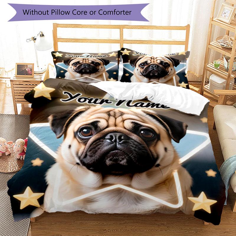 3pcs Custom Name "Starry Night Pug Portrait" Bedding Set Printed Bedding Set Duvet Cover Closure Includes 1 Duvet Cover & 2 Pillowcases Bedroom Decor