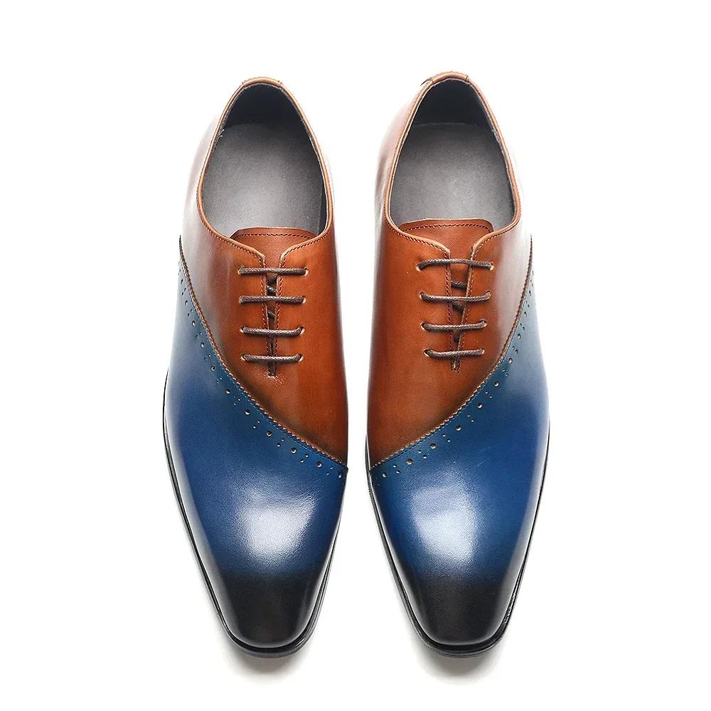 Hochwertige Herren-Hochzeitsschuhe Echtes Leder Spitzschuh Schnürschuhe Braun Blau Party Dinner Oxfords Formelle Schuhe für Herren