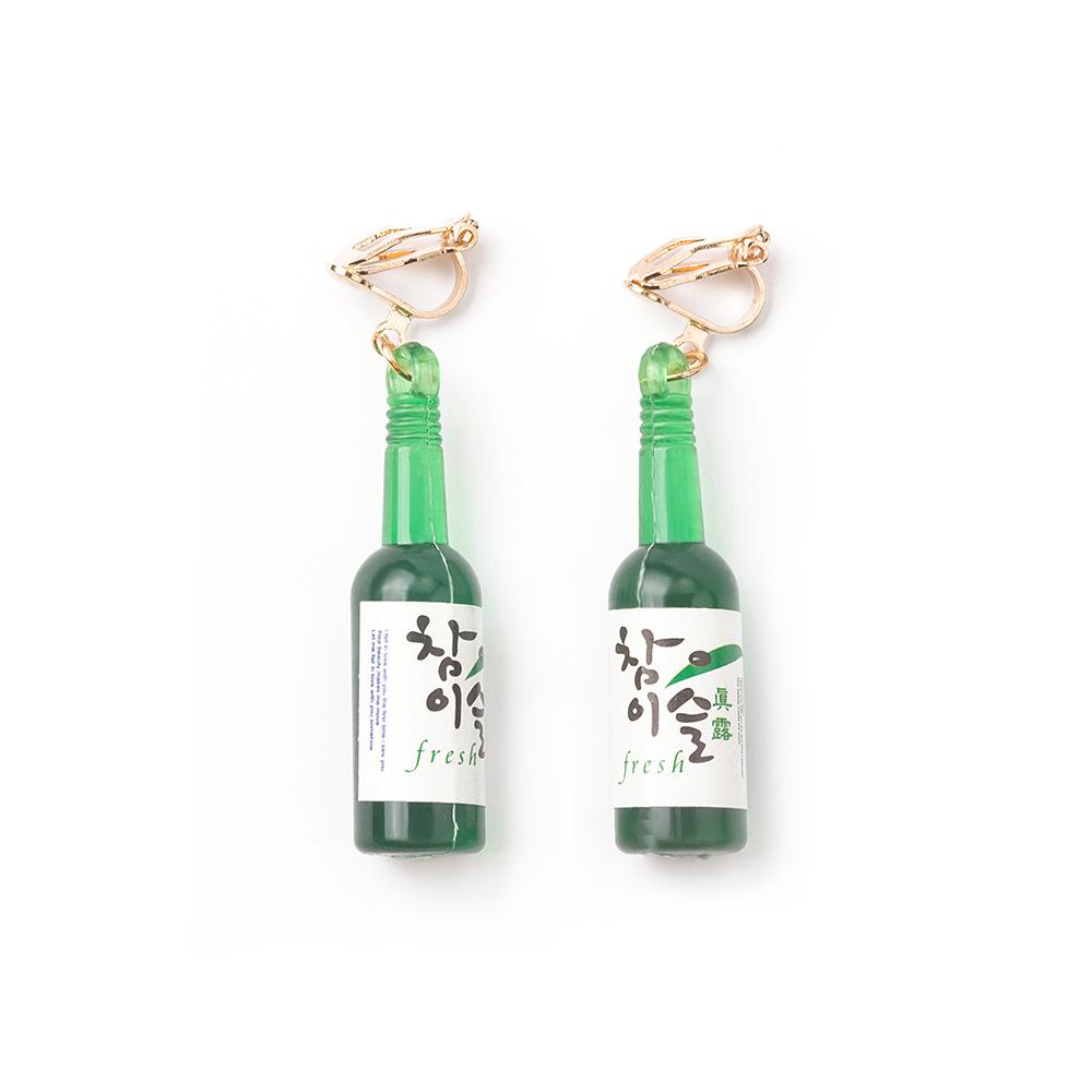 Burning Wine Bottle Beer Bottle Green Glass Bottle Painless Earclip Earrings Personality Exaggerated Niche Earrings Pearl Tassel