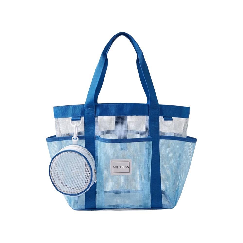 Large Capacity Beach Tote Bag Contrasting Color Mesh Handbag Portable Mesh Swimming Bag  Summer синий