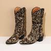 Bling Gold Sequined Cloth Western Cowboy Mid-calf Boots for Women High Block Heel Pointed Toe Cowgirl Slip-on American Half Boot