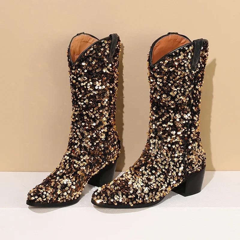 Bling Gold Sequined Cloth Western Cowboy Mid-calf Boots for Women High Block Heel Pointed Toe Cowgirl Slip-on American Half Boot
