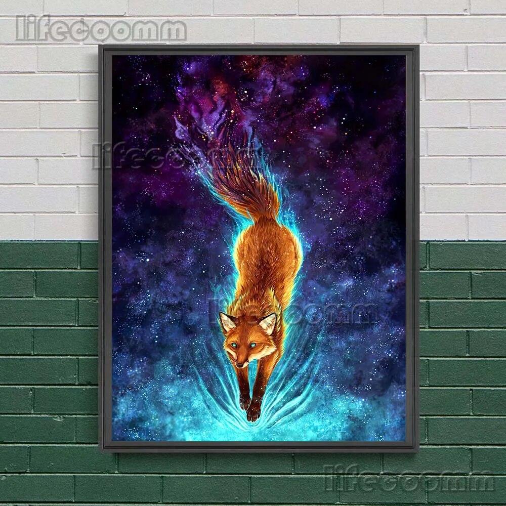 Animal Of Walk Amongst The Stars Surreal Mysterious Art Print Fox,Tiger,Lion,Phoenix Abstract Wall Art Canvas Print Home Decor No Frame