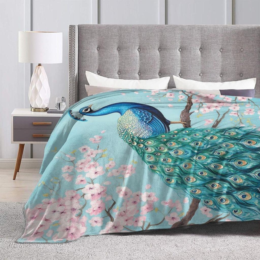 VIKAMA Peacock Cherry Blossom Blanket Soft and Skin-Friendly Waterproof and Machine Washable Living Room Bedroom Sofa Decor