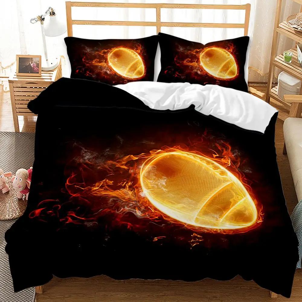 Football Duvet Cover Set Football with Fire Youth Sports Teens Bedding Set Football Double Queen King Size Polyester Qulit Cover