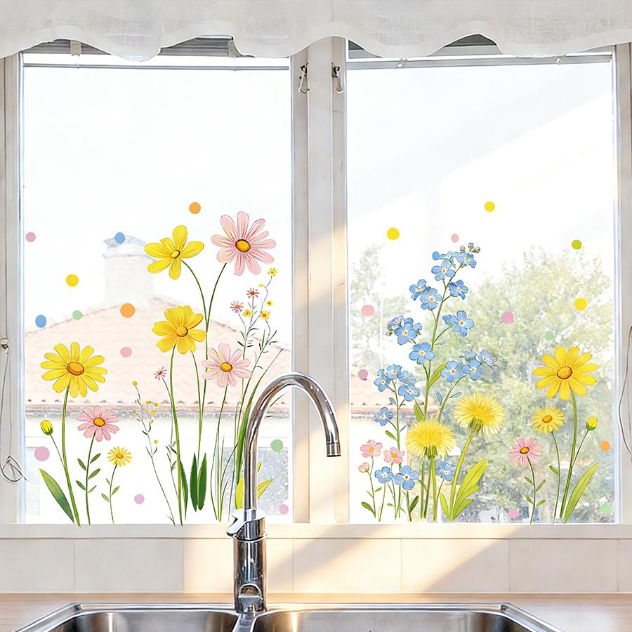Static Window Clings For Kids Room Sunflowers Daisies Floral Wall Decals Reusable No Glue Window Stickers For Bedroom Home Decor