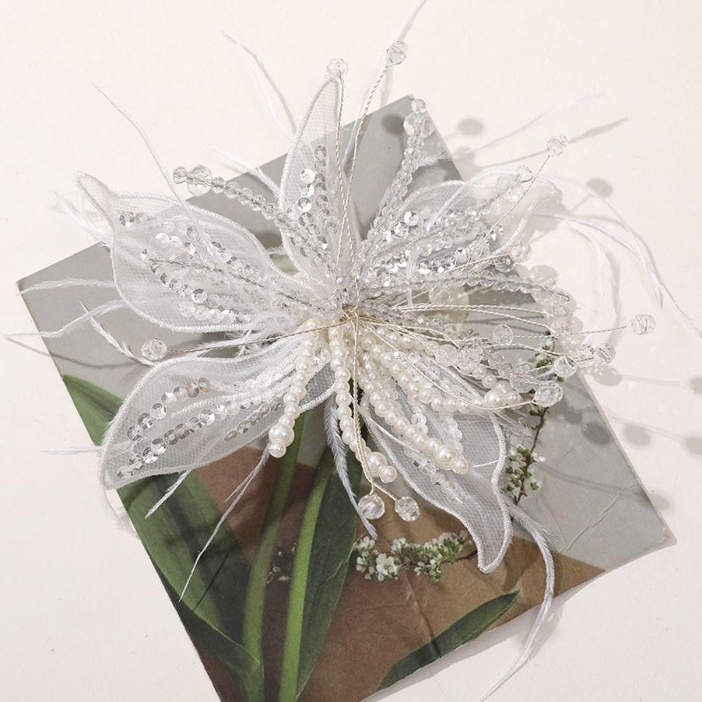 Crystal Flower 3D Organza Flower Patch Feather Pearl Embroidery Patch  Dress Decoration