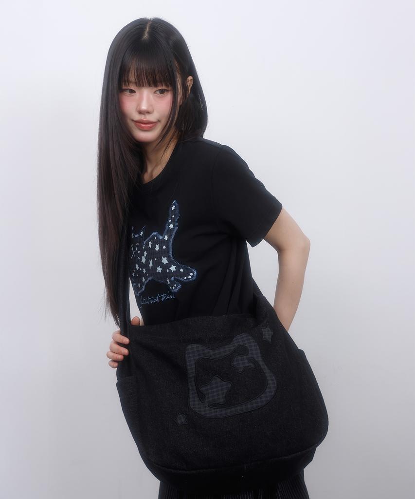 Lmr Cat Symbol Applique Washed Crossbody Bag Black