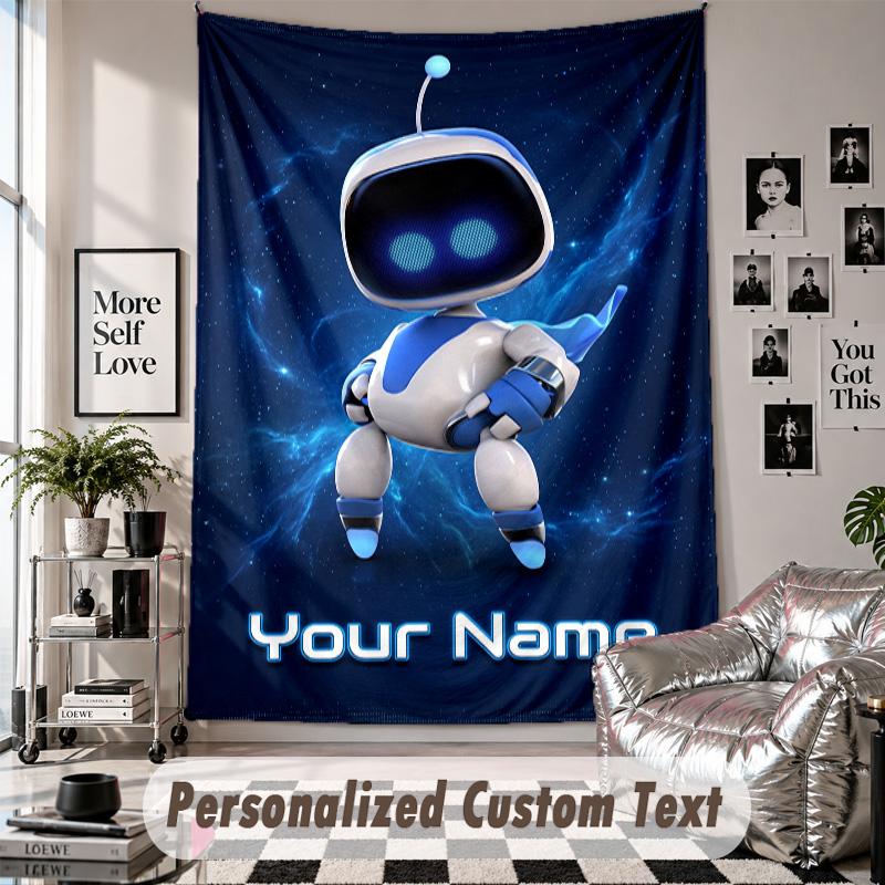 Wall Hanging Tapestry With Custom Name & Text, Astro Bot Decorative Tapestry For Bedroom