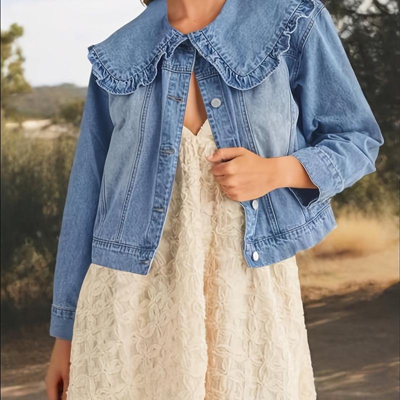 

2026 Новая европейская и американская повседневная джинсовая куртка - с длинным рукавом и воротником, универсальная и стройнящая XL синий