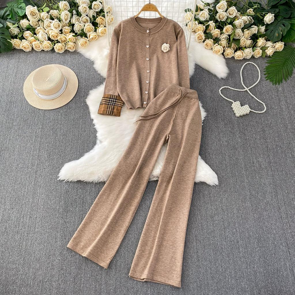 Autumn Winter Women Casual Knitted Sweater Trouser Two Piece Set Full Sleeve 3D Flower Jacket Coat and Wide Leg Pant Suit