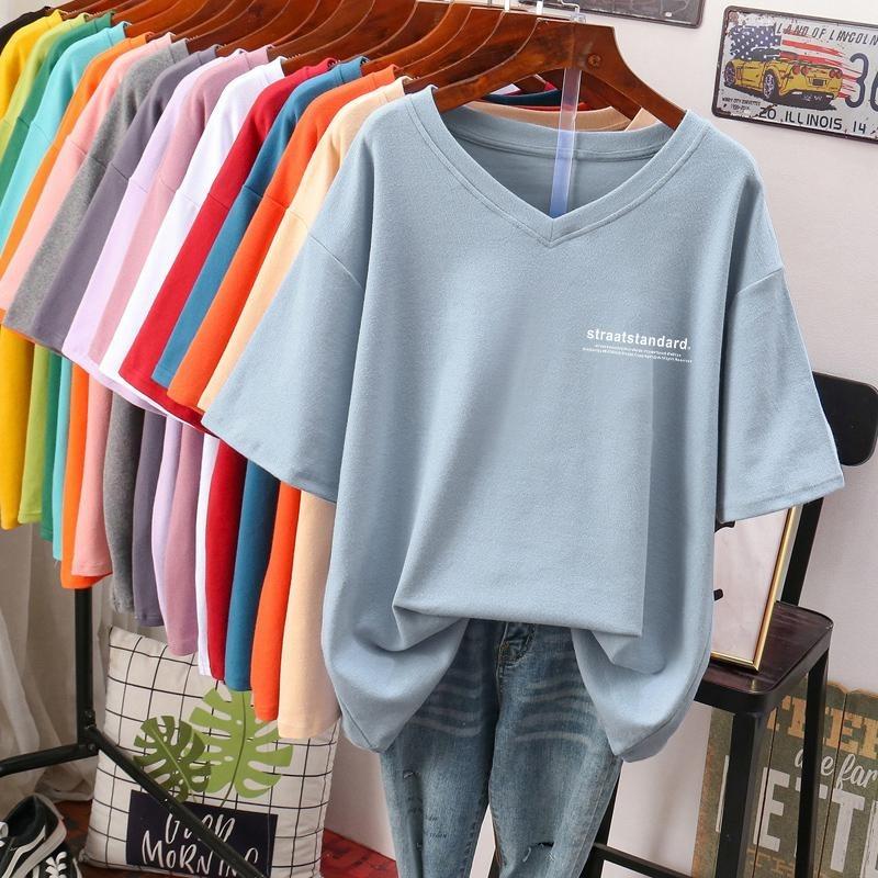 

Short-sleeved T-shirt for Women Large Size Loose and Slimming Design Niche Pure Cotton V-neck Top That Covers The Belly 5XL світло-синій колір