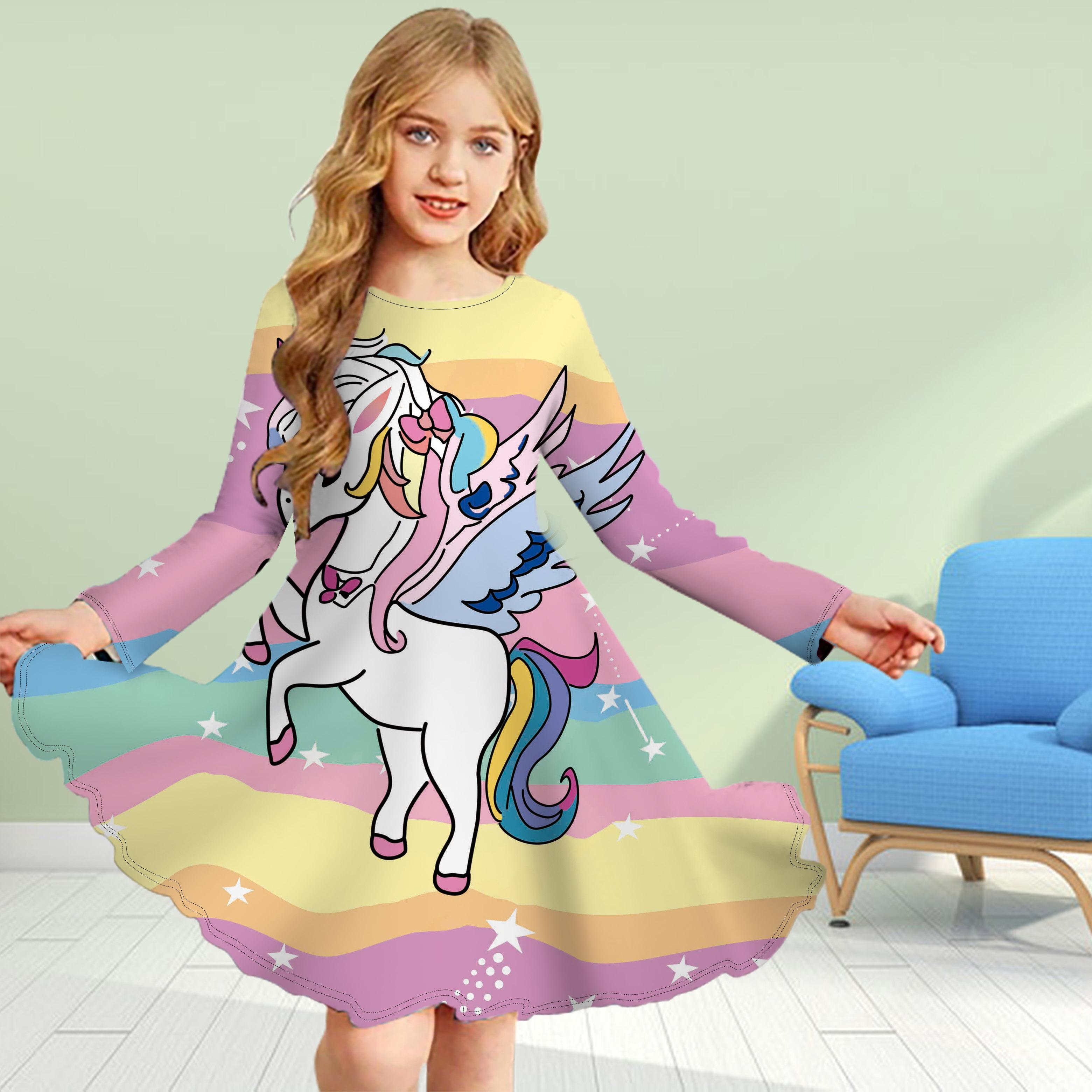 

Повседневное платье для девочек с 3D-принтом и застенчивым единорогом, круглое платье с длинными рукавами, детское платье принцессы 140 жёлтый