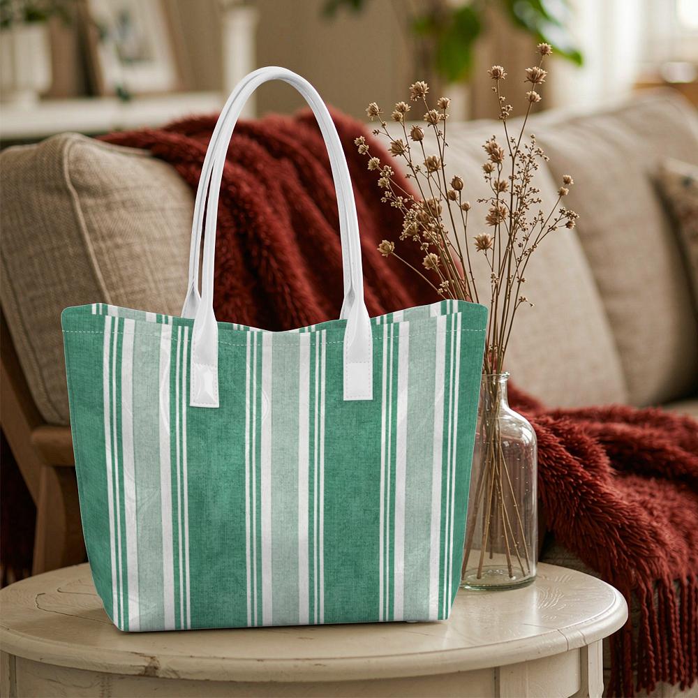 Green Stripe Tote Bag Casual Large Shoulder Handbag for Daily Shopping Travel