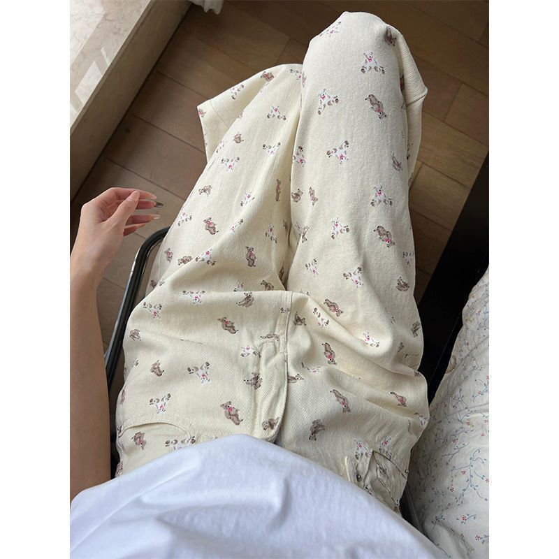 

Ретро брюки с принтом медведя детские летние новые с высокой посадкой прямые моппинг свободные повседневные широкие брюки 2XL абрикосовый