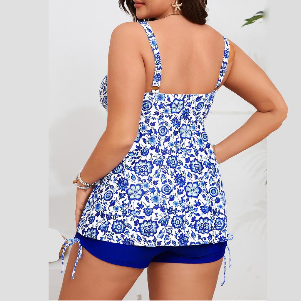 Women Tankini Swimsuit Plus Size Floral Print Two Piece Swimwear with Adjustable Straps and Ruched Top for Summer Beach Pool