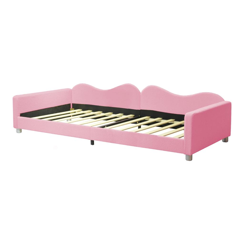 Letto per Bambini Letto Imbottito 90*200cm, Divano Letto Struttura Letto Tessuto Teddy Multifunzionale Letto Morbido con Schienale e Braccioli Letto per Giovani Letto per Ospiti Rosa