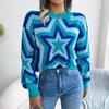 Women Y2K Autumn Winter Contrast Star Long Sleeve Pullover Sweater O Neck Knitted Tops