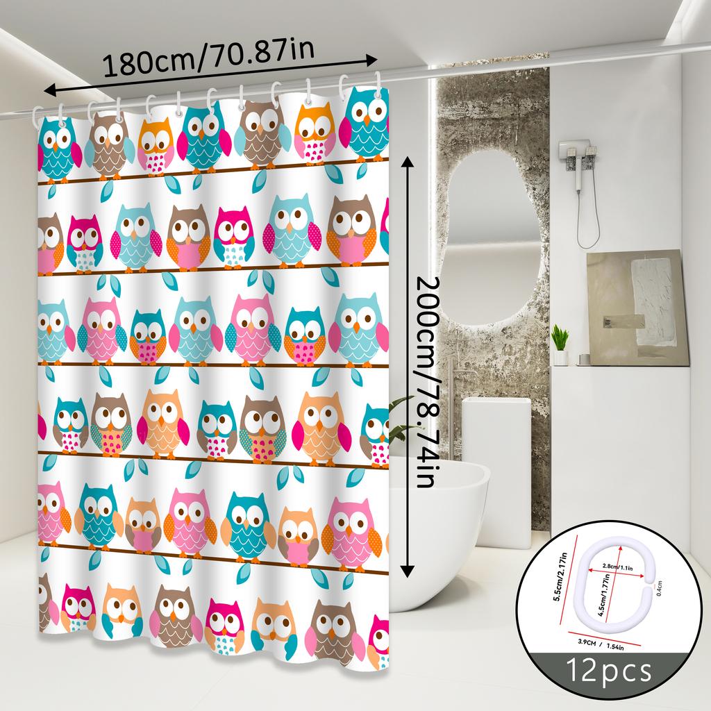Owl Pattern Shower Curtain With Fun Animal Elements Design To Enhance The Bathroom Space, Shower Partition Curtain