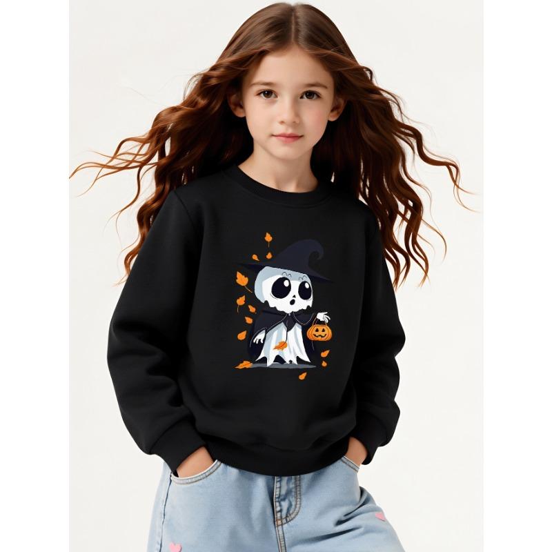 European Sizes Girls' Halloween Long-Sleeve Round-Neck Fun Print Casual Top, Kids' Autumn Clothing, for Trick-or-Treat Parties.
