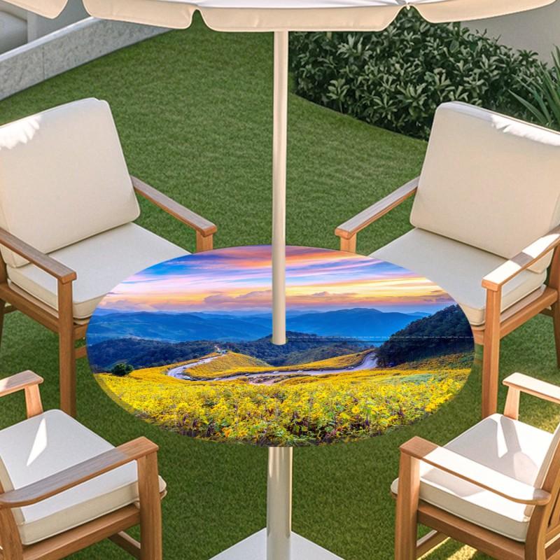 Outdoor Round Table Cover With Nature Print Waterproof Elastic Hem Patio Garden Deck