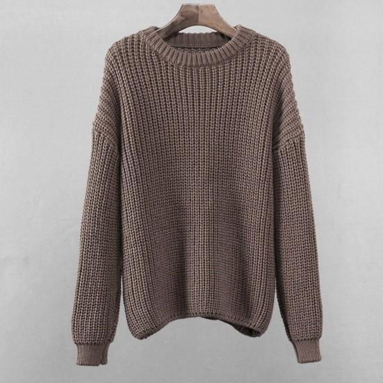 O-Neck Long Sleeve Knitted Sweater Ribbed Edge Solid Color Coarse Yarn Women Sweater Female Clothing