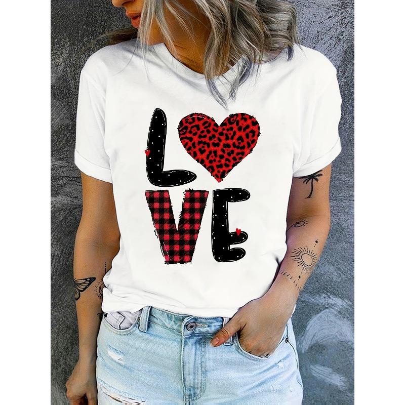 European Size Romantic Simple Elegant Vacation Fashion Red Black Plaid Leopard Print Heart Letter Slogan Graphic Breathable Crew Neck Short Sleeve