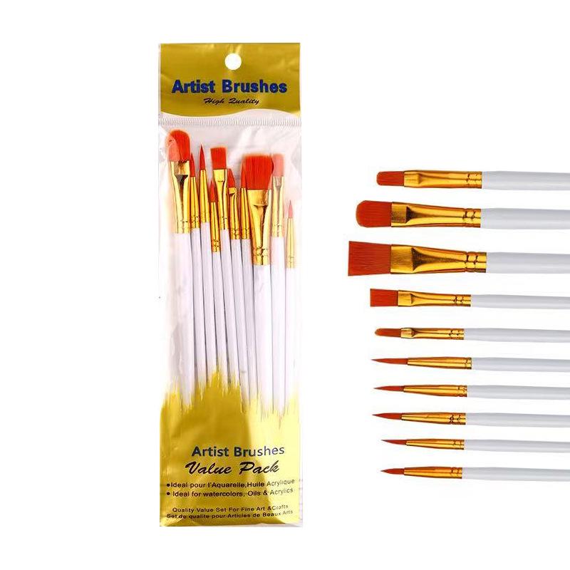 10-Piece Nylon Hair Paint Brush Set with Pearlescent Handles for Oil, Acrylic, Watercolor, and Gouache