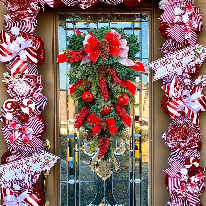 Christmas Decoration Webbing Bells Upside Down Tree Wreath Door Hanging Christmas Bow Pinecone Rattan Hanging Decoration