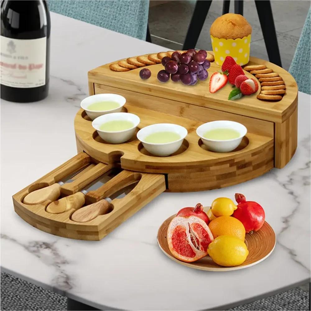 Portable Thick Bamboo/wood Cheese Board with Knife Fork High Temperature Resistant Antibacterial for Home Camping Use Food Tray