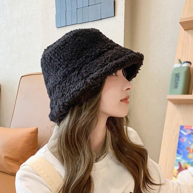 Winter Women Faux Fur Bucket Hat Outdoor Warm Lamb Black Solid Fluffy Fishing Cap