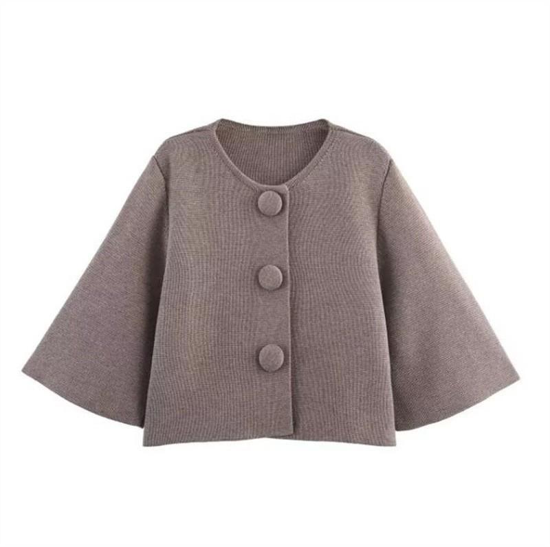 Women Fashion Brown Button Decoration Knitted Sweater Vintage Short Sleeves Female Leisure Lady Sweaters Y2k