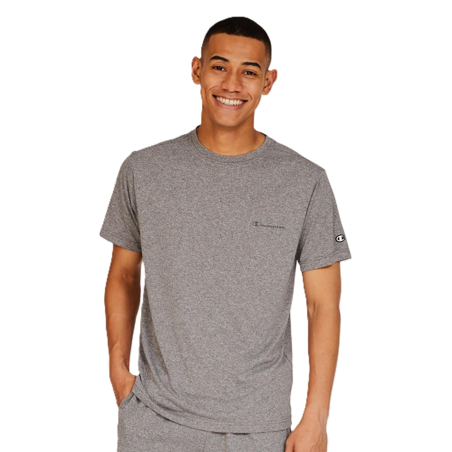 

Champion Футболка с коротким рукавом Crew Quick UV Script Rubber, БАЗОВАЯ СПОРТИВНАЯ, Меланжево-угольная, Горловина, Антибактериальная, Дезодорирующая, Быстросохнущая,