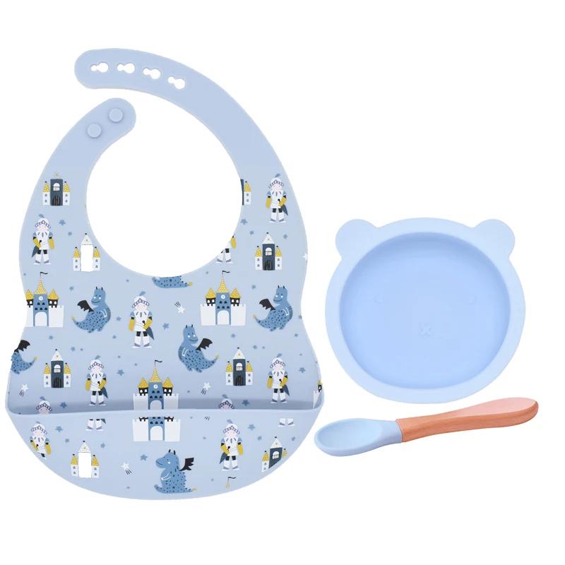 3Pcs/Set Baby Bibs Bowl Spoon Set Food Grade Silicone Baby Waterproof Plate Baby Tableware Toddler Feeding BPA FREE