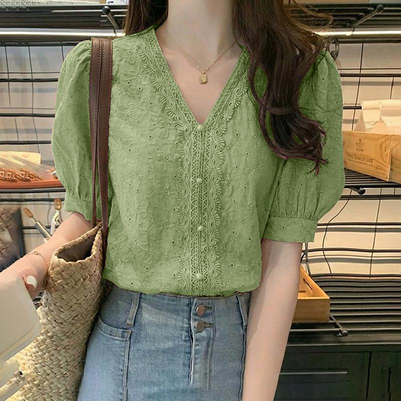 ZANZEA Women Casual V-Neck Lace Crochet Patchwork Loose Short Sleeve Blouse