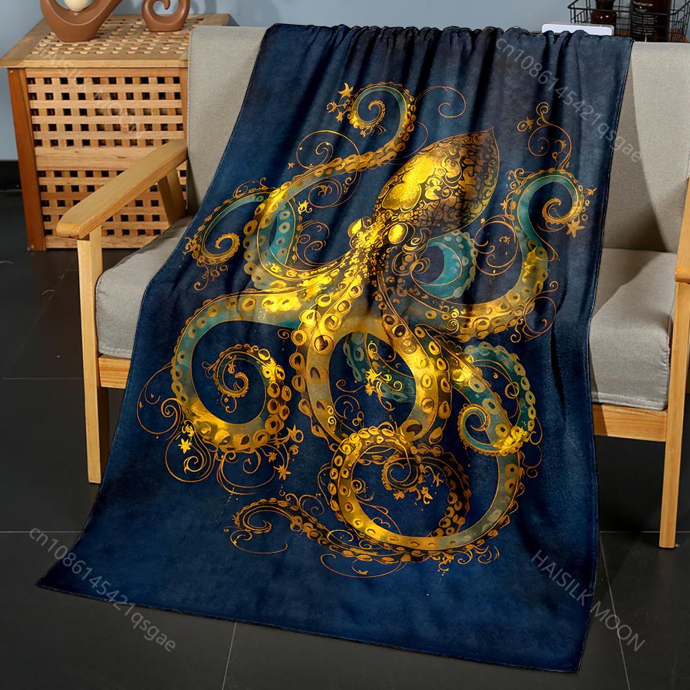 

1PC Golden octopus decorative art Print Blanket Flannel Material Soft Warm for All Seasons Home Outdoor Camping Picnics RV 75x90cm
