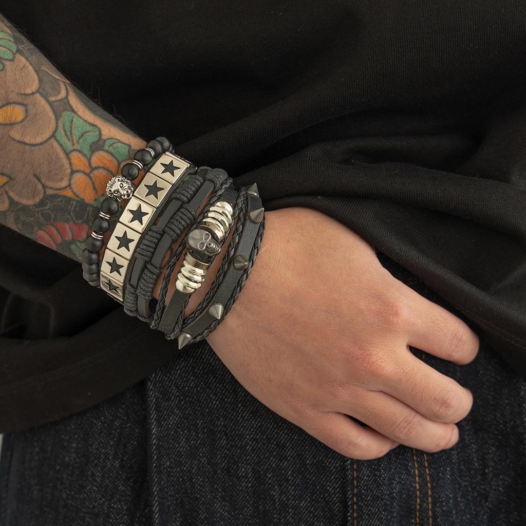 Five-Pointed Star Leather Bracelet for Men, Trendy Hip-Hop High-End Feel, High Street Men's Skull Rivet Bracelet, Hand Jewelry
