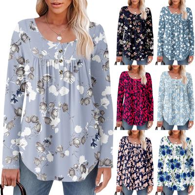 Women's Long Sleeve Tunic Loose Tops Casual Oversized Tops Pleated Tunic Button Down Casual Women's Print Tops