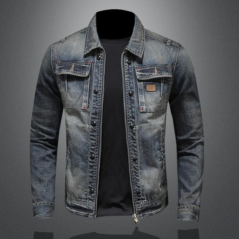 Spring and Autumn Denim Jacket Men Boutique Zipper Fashion Turn Down Collar Mens Clothes Casual Denim Jacket Slim Cowboy Coat