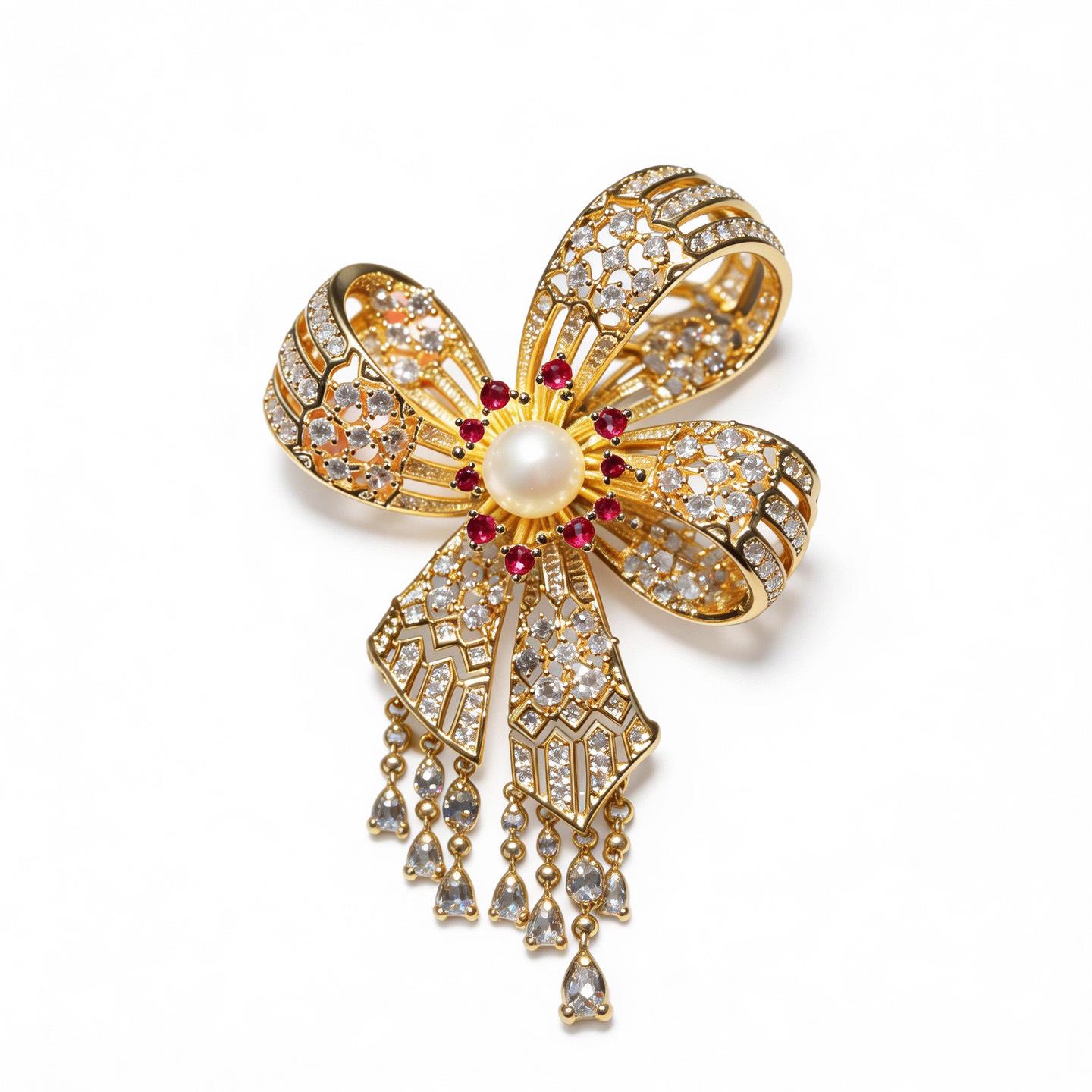 Bo Xin Yun Elegant Korean-Style Zirconia Pearl Tassel Bow Brooch for Women