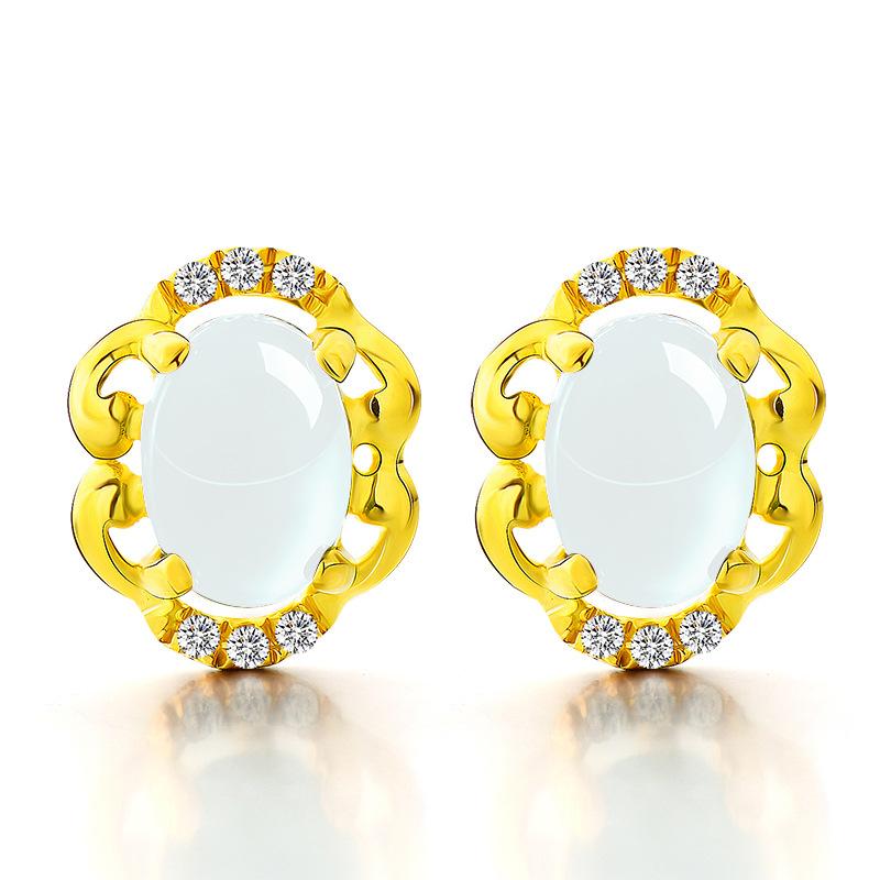 Hetian Jasper Stud Earrings Women S 18K Yellow Gold Plated White Jade Earrings, Chalcedony Earrings