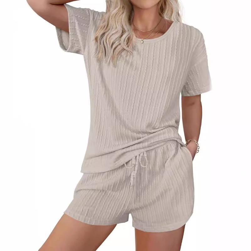 Damskie ubrania domowe Piżama Garnitur Pączki Jacquard Dzianina Krótki rękaw Szorty Dwuczęściowy zestaw Garnitury i zestawy Damskie