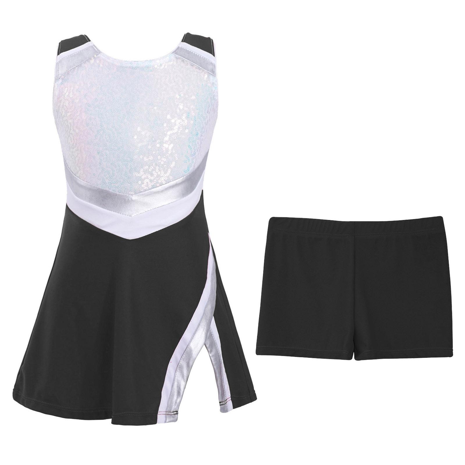 

Girls Shiny Sequins Round Neck Sleeveless Bodice Sport Dress Shorts Set 2Pcs Dance Outfit 13-14 Years чорний