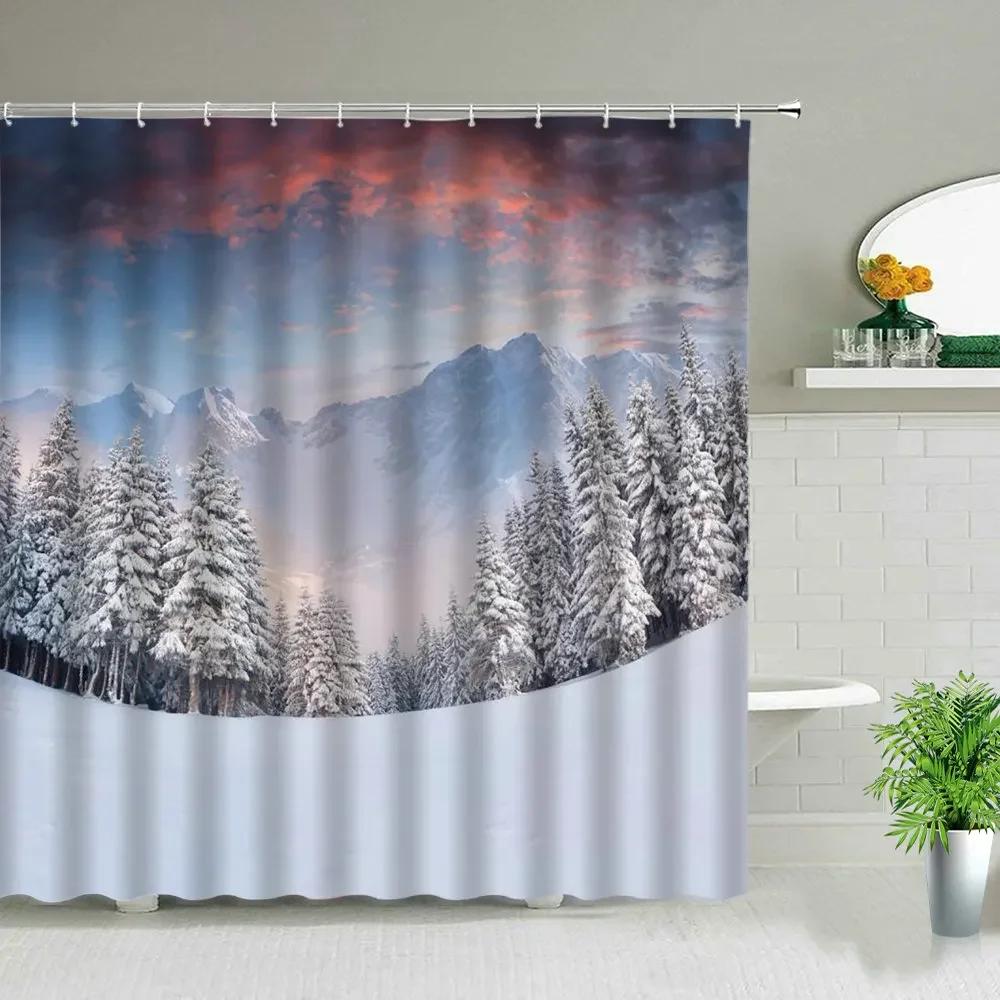 Winter Snow Scene Shower Curtains Trees Natural Scenery 3D Print Waterproof Bathroom Decor Home Bathtub Polyester Curtain Set