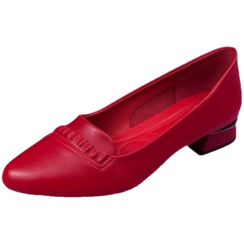 Frühlings- und Herbst-Damenschuhe neue trendige Einzelschuhe mittlerer Absatz quadratischer Absatz runde Spitze flacher Ausschnitt lässige vielseitige Berufsschuhe niedrig geschnitten weich