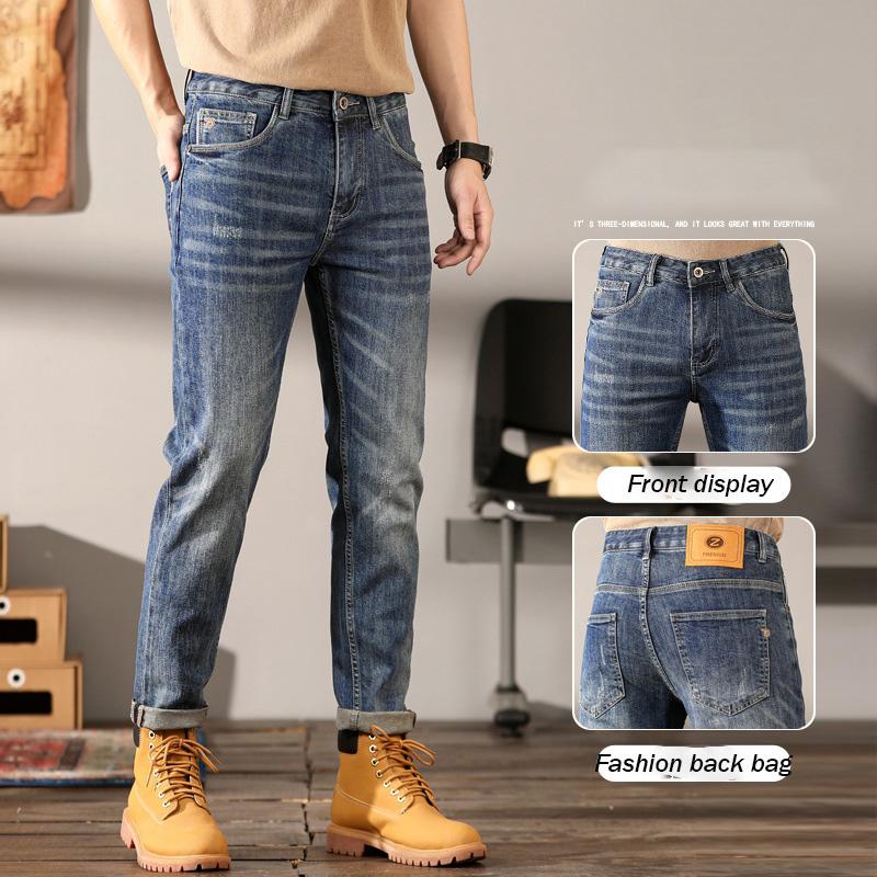 Spring And Autumn Zipper Heavy Duty Water Washed Nostalgic Retro Jeans Men'S Korean Version Slim Fit Versatile Small Leg Pants