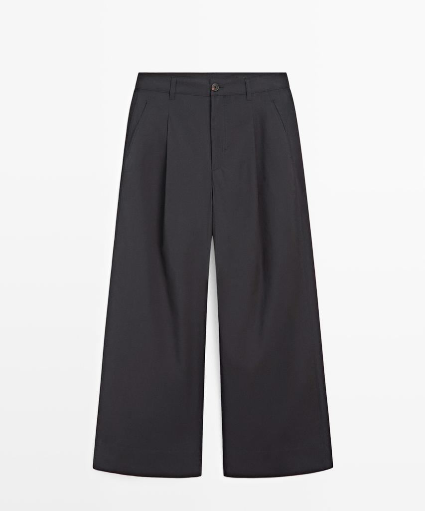 Masimodutti Cotton Blend Pleated Wide Pants