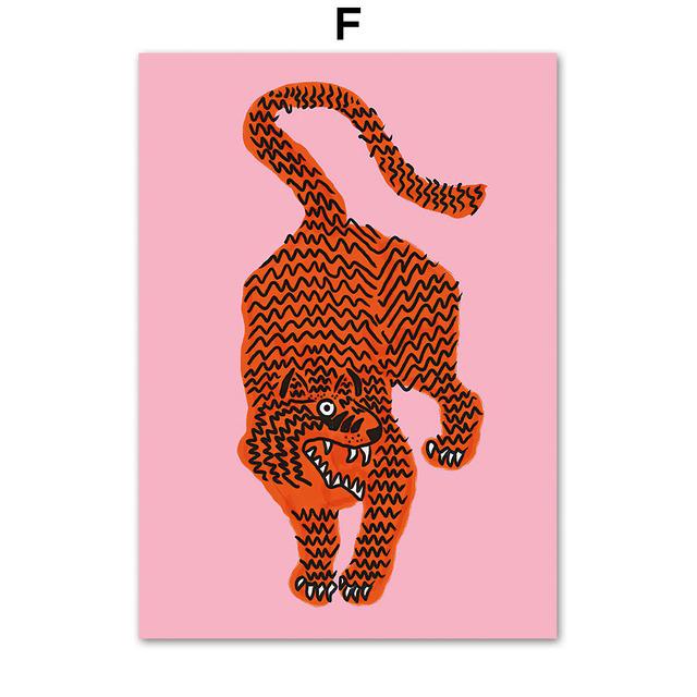 Tiger Mother Cartoon Animal Pink Wild Tiger Snake Wall Art Canvas Painting Nordic Posters Prints Pictures Kids Living Room Decor No Frame