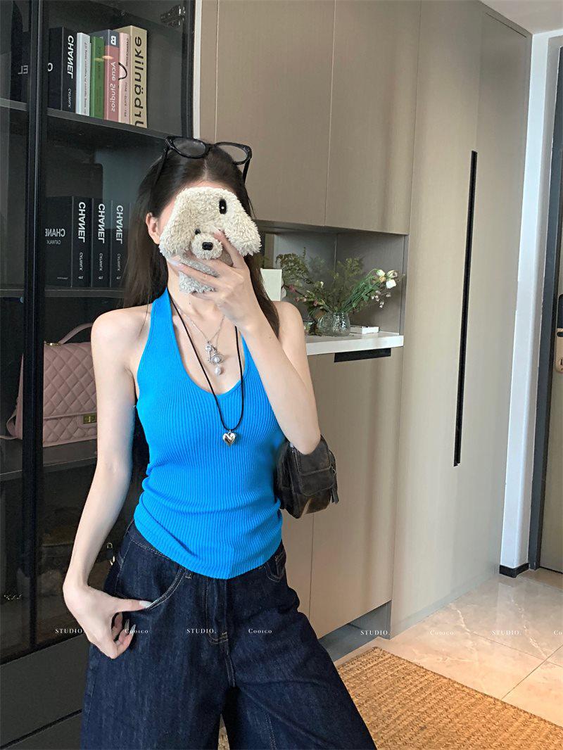 

Стильный синий топ-майка с V-образным вырезом, открытой спиной и халтером для женщин - Стильный, облегающий и идеальный для лета One Size синий